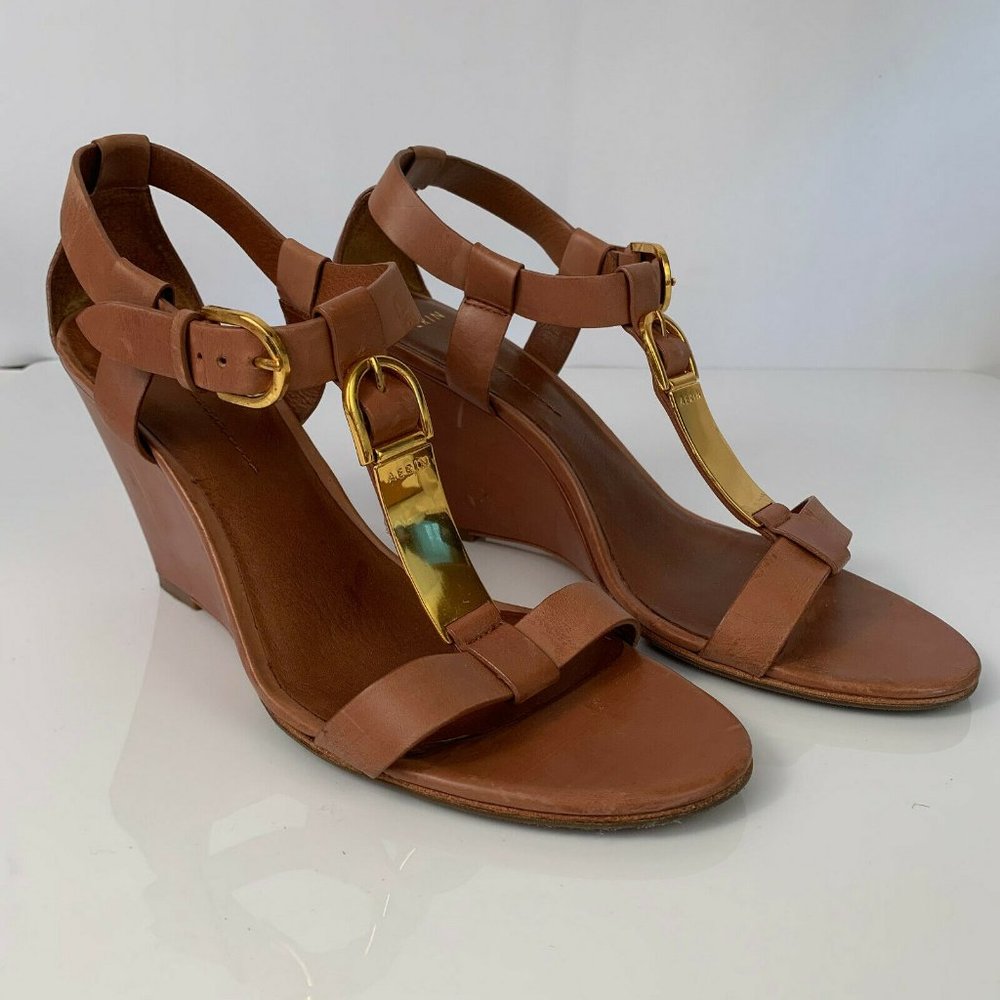 AERIN GEORGICA TAN LEATHER WEDGE SANDALS SIZE 8.5